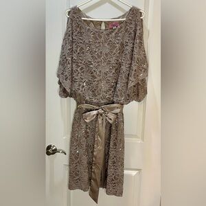 Eliza J Taupe Lace Dress with Satin Sash and Sequins Size 18W